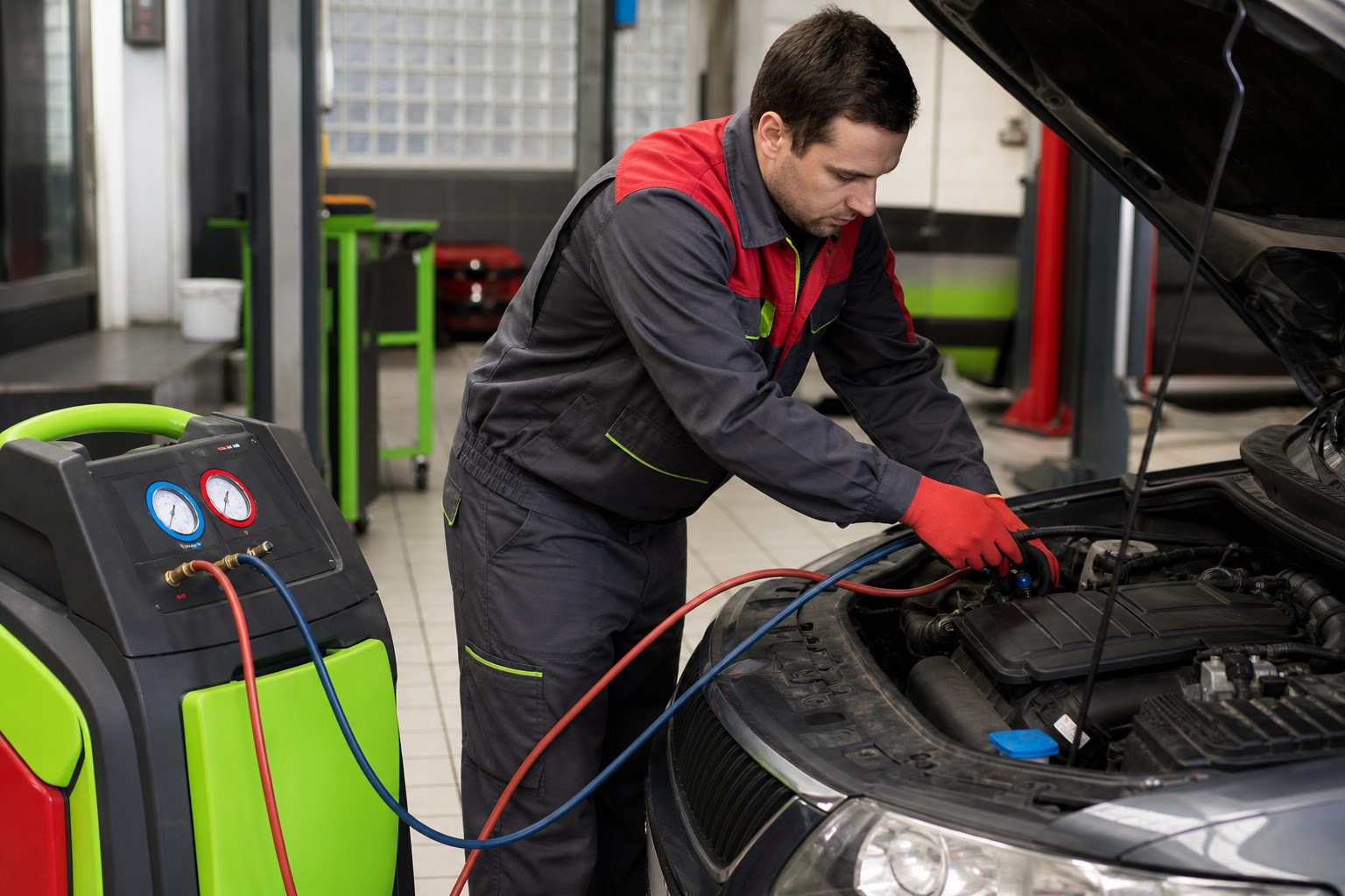 Technik plní klimatizáciu auta servisným prístrojom