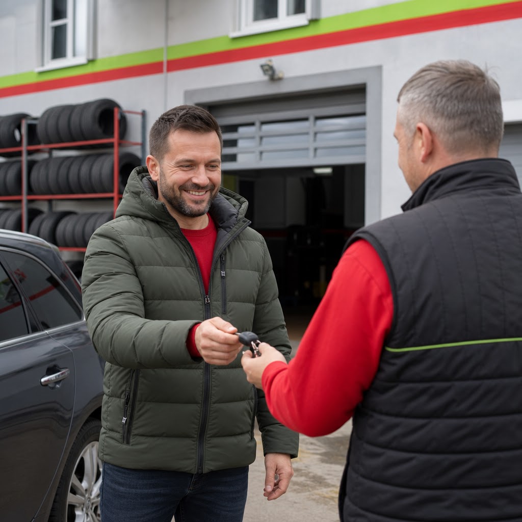 Spokojný zákazník preberá auto po servise