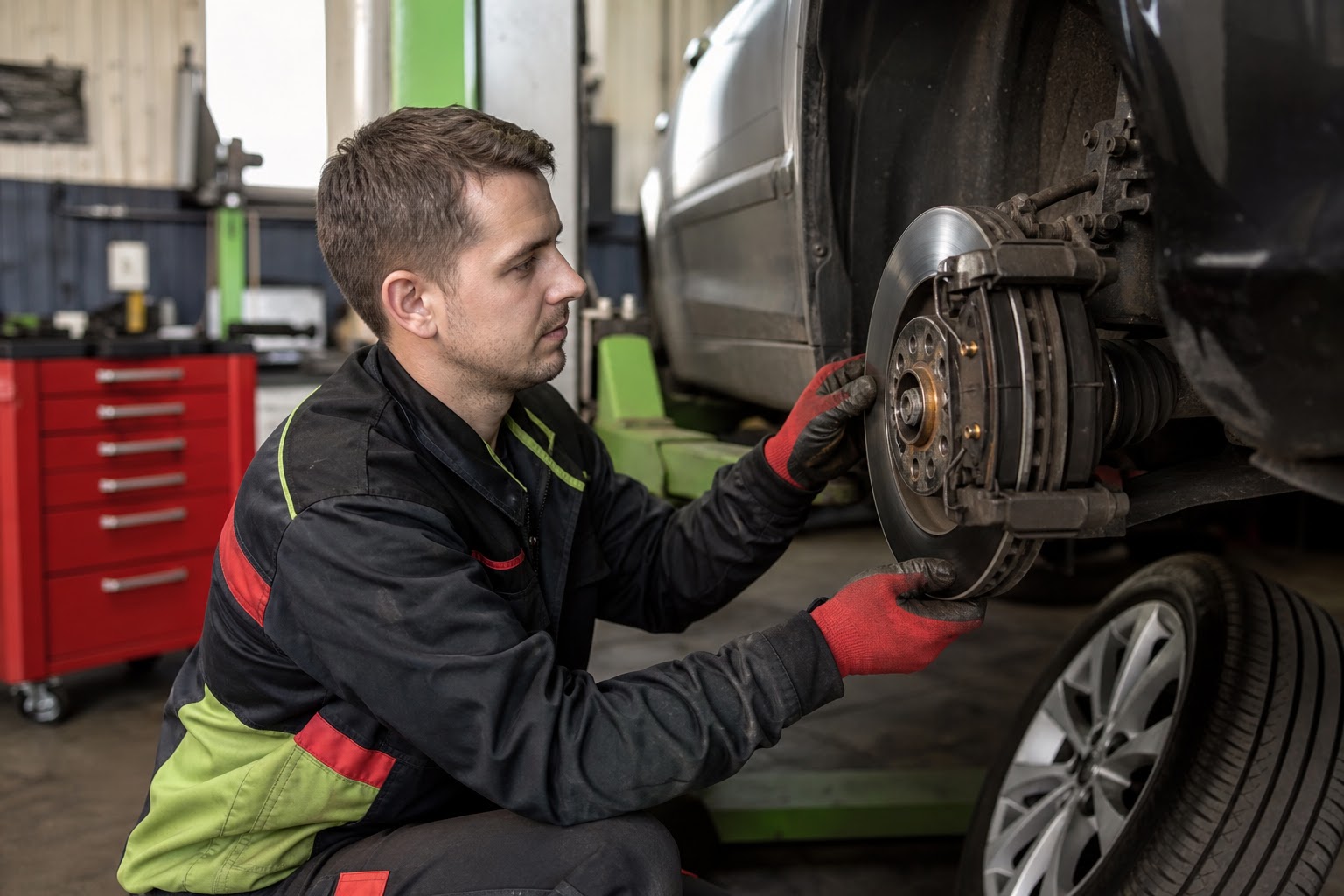 Mechanik kontroluje brzdové platničky na zdviháku